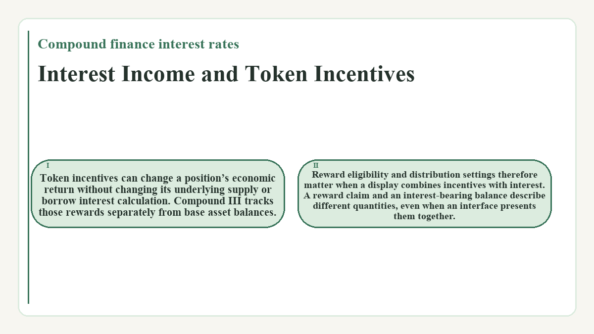 Interest Income and Token Incentives: Token incentives can change a position’s economic return without changing its underlying supply or borrow interest calculation. Compound III tracks those rewards separately from base asset balances.; Reward eligibility and distribution settings therefore matter when a display combines incentives with interest. A reward claim and an interest-bearing balance describe different quantities, even when an interface presents them together.
