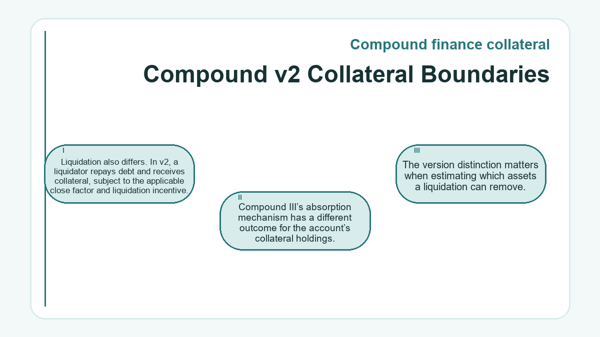Compound v2 Collateral Boundaries: Liquidation also differs. In v2, a liquidator repays debt and receives collateral, subject to the applicable close factor and liquidation incentive.; Compound III’s absorption mechanism has a different outcome for the account’s collateral holdings.; The version distinction matters when estimating which assets a liquidation can remove.